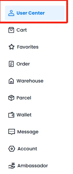 The PonyBuy account sidebar with User Center boxed in red, above Cart, Favorites, Order, Warehouse, Parcel, Wallet, Message, Account and Ambassador.