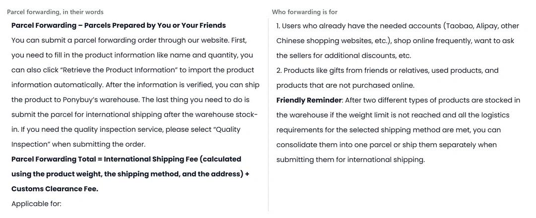 The second half of PonyBuy's agent-versus-forwarding article, split into the description of the forwarding service and the description of who it suits.