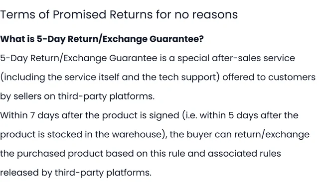 PonyBuy's Terms of Promised Returns, defining the 5-Day Return/Exchange Guarantee as a service offered by sellers on third-party platforms, usable within seven days of signing for the product or five days of its being stocked in the warehouse.