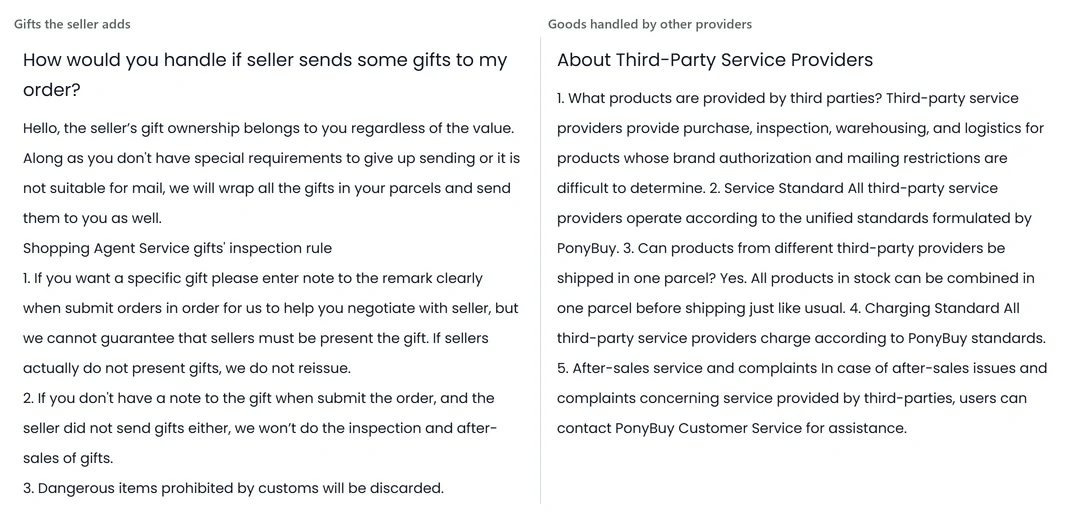 Left: how PonyBuy handles unsolicited gifts a seller puts in the parcel. Right: how it handles goods that were bought or shipped through another provider.