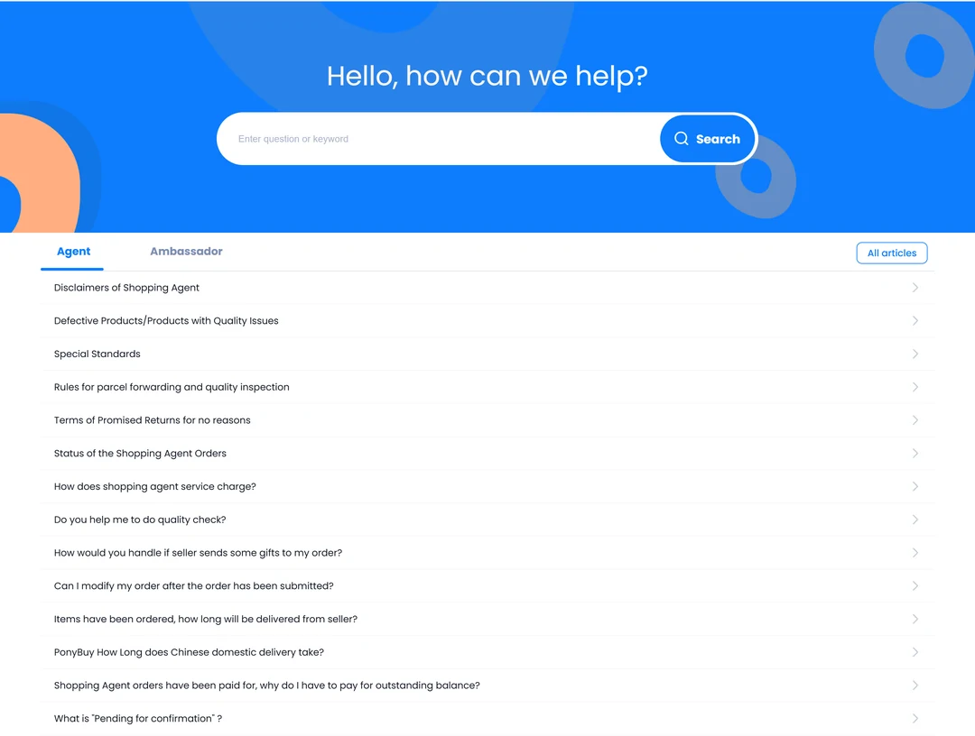 The agent tab of PonyBuy's help centre, listing the articles this site quotes: disclaimers, defective products, special standards, forwarding and inspection rules, promised returns, order statuses and the service-charge answer.