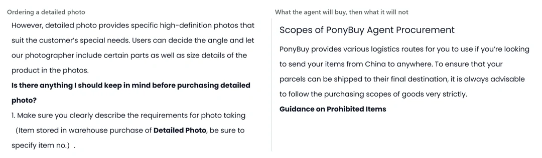Left: what a detailed photo provides and the first thing to specify when ordering one. Right: the opening of the procurement-scope article, ending on the heading that introduces the prohibited-items tables.