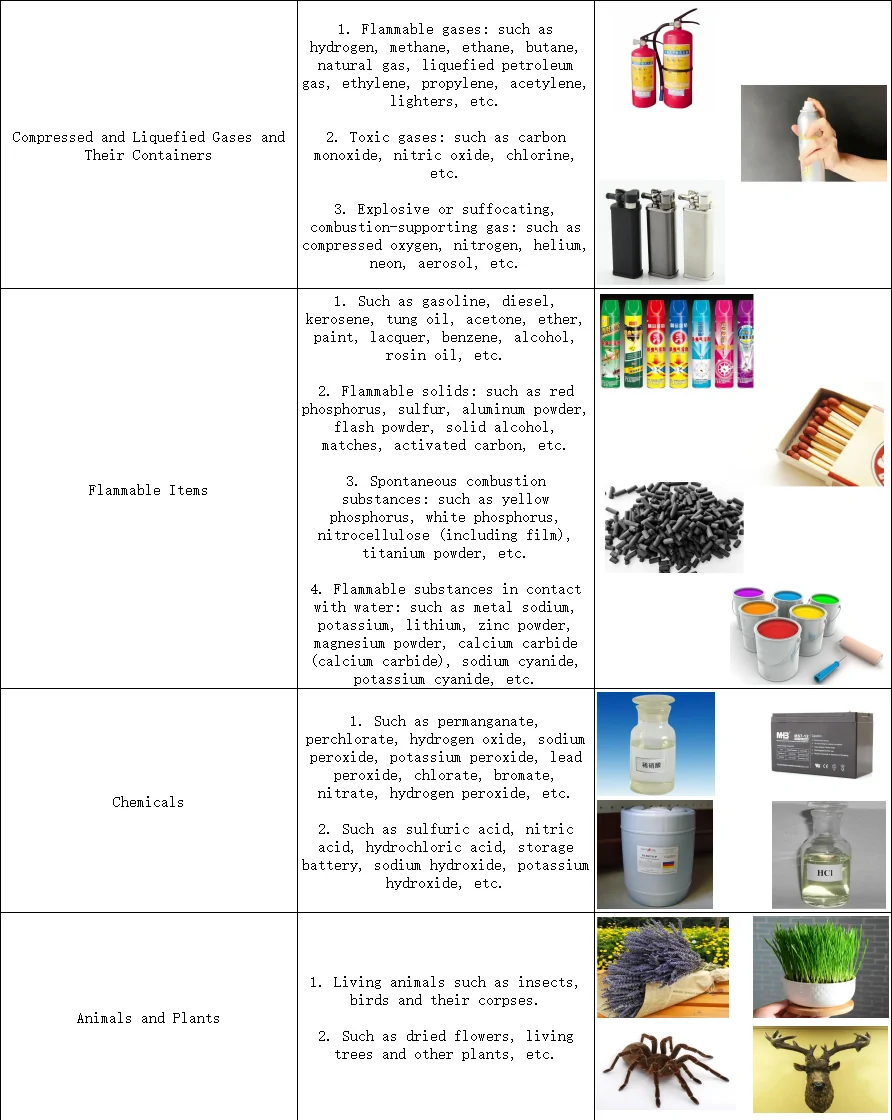 The remaining rows of the same table: compressed and liquefied gases, flammable items, chemicals, and living animals and plants, again with examples and photographs.