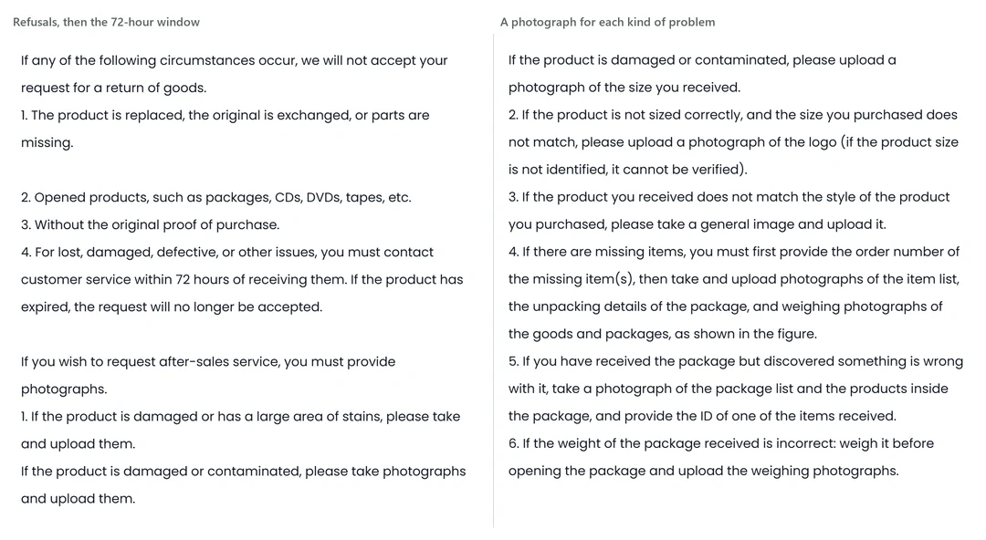 Left: the claims PonyBuy refuses, and the 72-hour window to raise one. Right: the photograph it asks for in each kind of damage case.