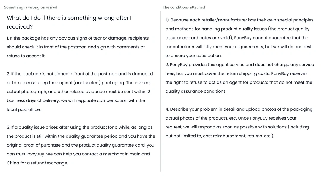 The after-sales article for parcels that arrive damaged: the opening on the left, the conditions the claim has to meet on the right.