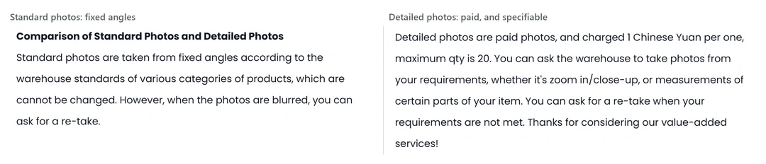 PonyBuy's own comparison of the two kinds of photo. Standard photos are taken from fixed angles set by the warehouse standard for each product category and cannot be changed, though a re-take can be asked for when they are blurred. Detailed photos are paid, capped at twenty, and can be ordered as a close-up or as a measurement of a named part.