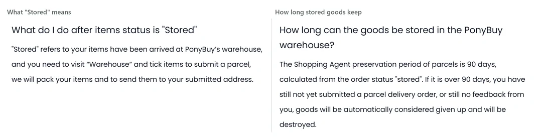 Two short help-centre answers: the meaning of the "Stored" order status, and the 90-day free warehouse preservation period that follows it.