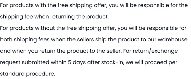 PonyBuy's rule on return shipping: with a free-shipping offer the buyer pays the return leg, without one the buyer pays both the leg to the warehouse and the leg back to the seller, and a request filed within five days of stock-in follows the standard procedure.