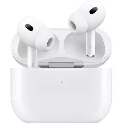 A pair of white wireless earbuds in an open charging case