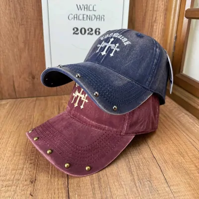 A washed navy and burgundy baseball cap
