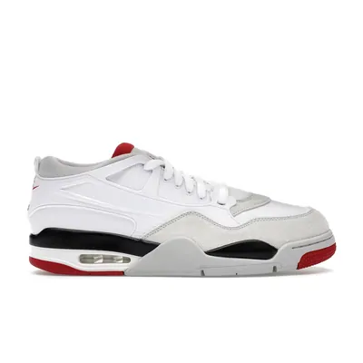 A white leather high-top sneaker with a red and black sole on a plain background