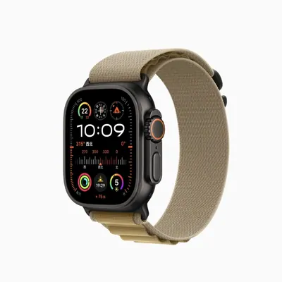A smartwatch with a woven khaki strap